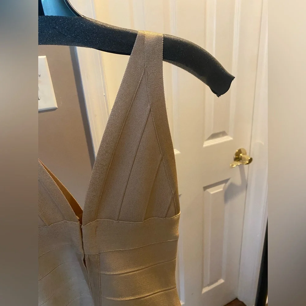 Herve Leger Champagne Gold Foil Knit Dress - Picture 11 of 13